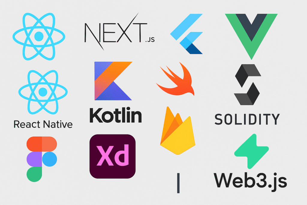 React Next.js Flutter Vue React Native Kotlin Swift Solidity Figma Adobe XD Firebase Supabase Web3.js