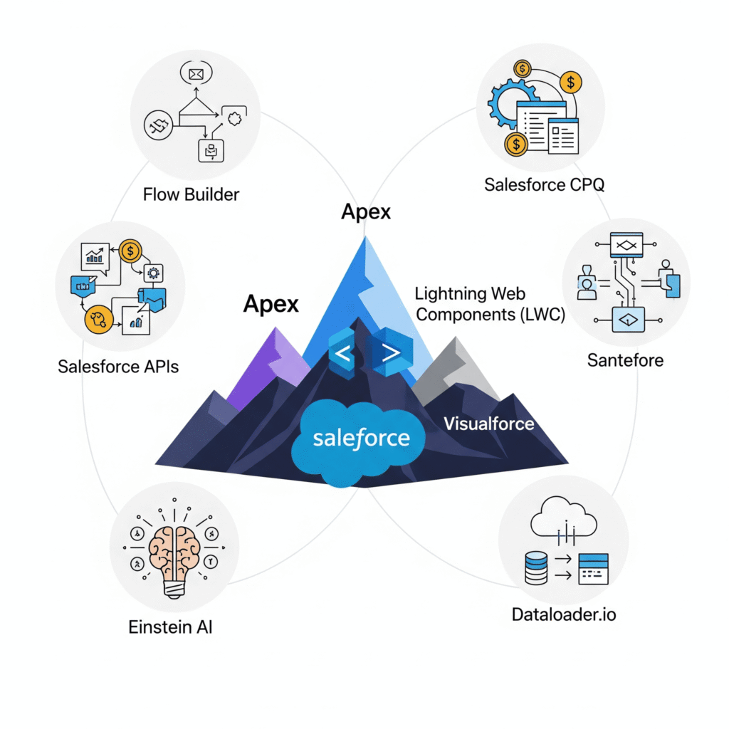 Salesforce Apex Lightning Web Components (LWC) Visualforce Flow Builder Salesforce CPQ Salesforce APIs Einstein AI Dataloader.io